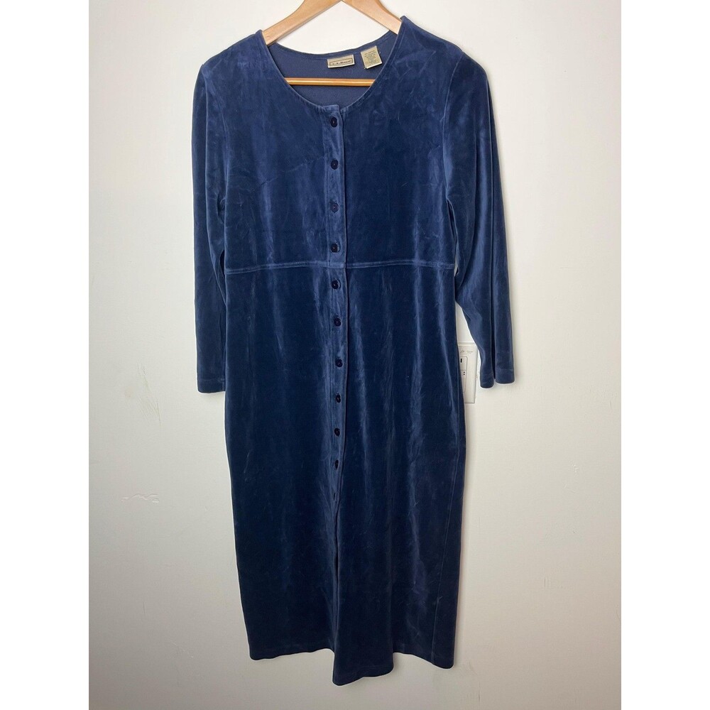 L.L.Bean Dress Womens‎ Small Petite Navy Blue Button Velour Long Sleeve